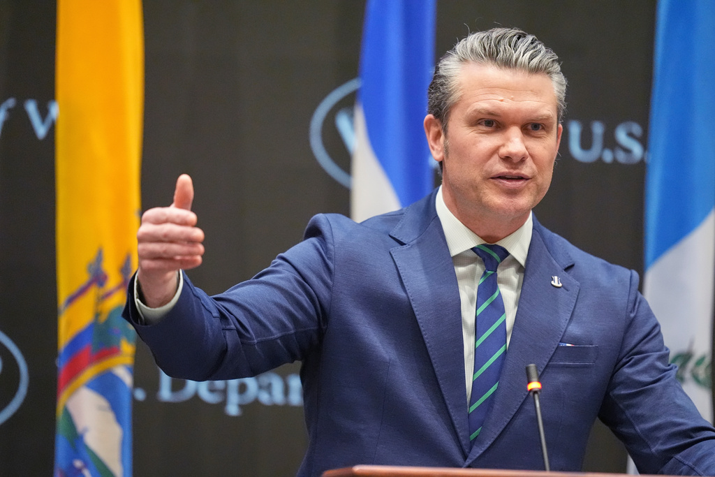 Defense Secretary Pete Hegseth speaks at the inaugural Americas Counter Cartel Conference at U.S. Southern Command in Doral, Fla., Thursday, March 5, 2026. (AP Photo/Rebecca Blackwell)