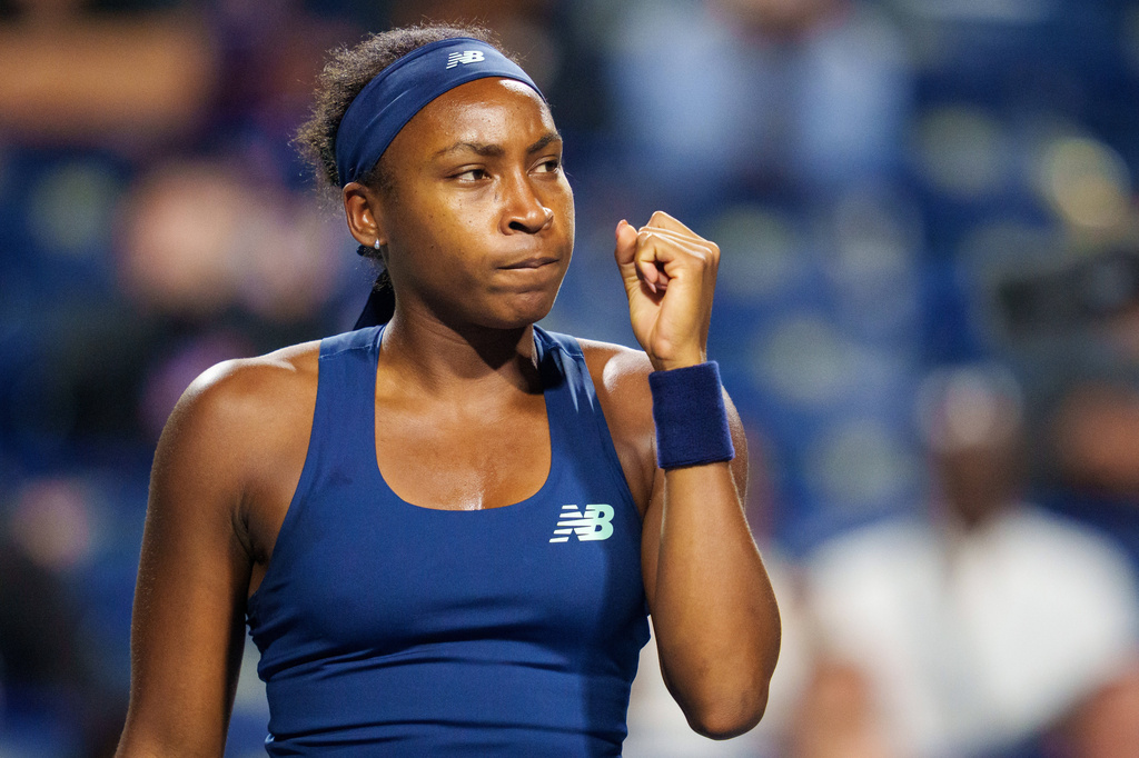 Coco Gauff of the United States celebrates in a match against Elena Rybakina of Kazakhstan during a National Bank Open semifinal tennis match in Toronto, Wednesday, August 12, 2026. (Chris Young/The Canadian Press via AP)