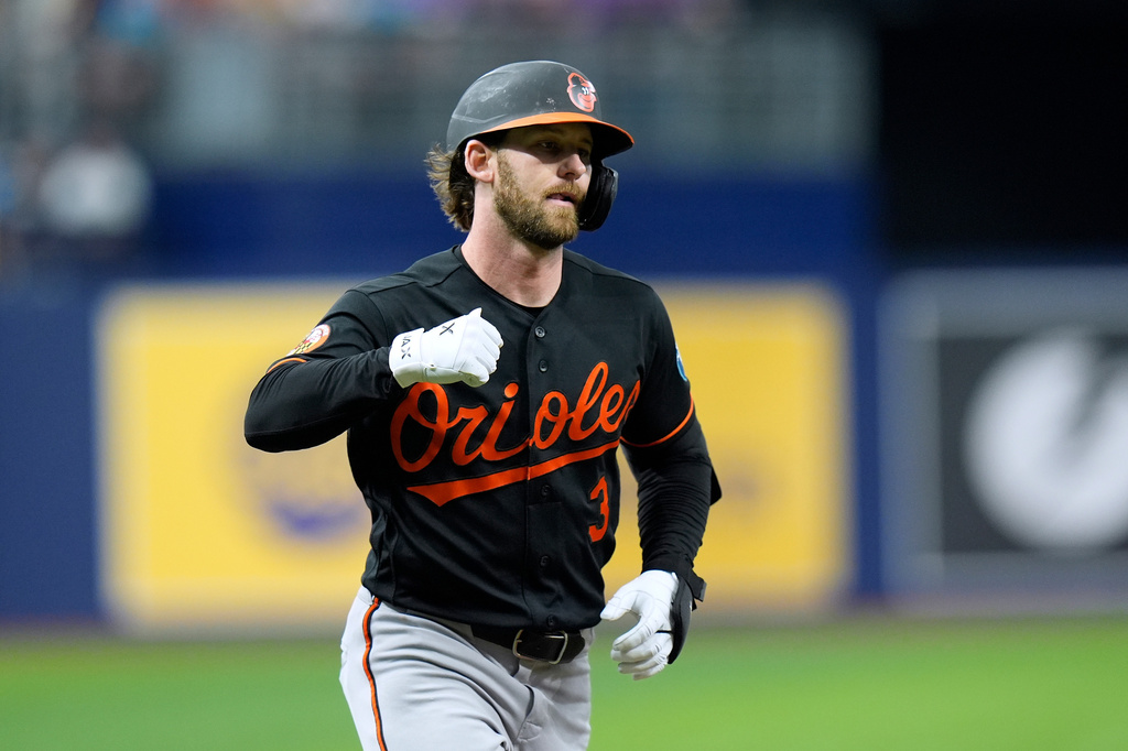 Baltimore Orioles' Taylor Ward celebrates his home run off Tampa Bay Rays pitcher Griffin Jax during the first inning of a baseball game Tuesday, May 19, 2026, in St. Petersburg, Fla. (AP Photo/Chris O'Meara)