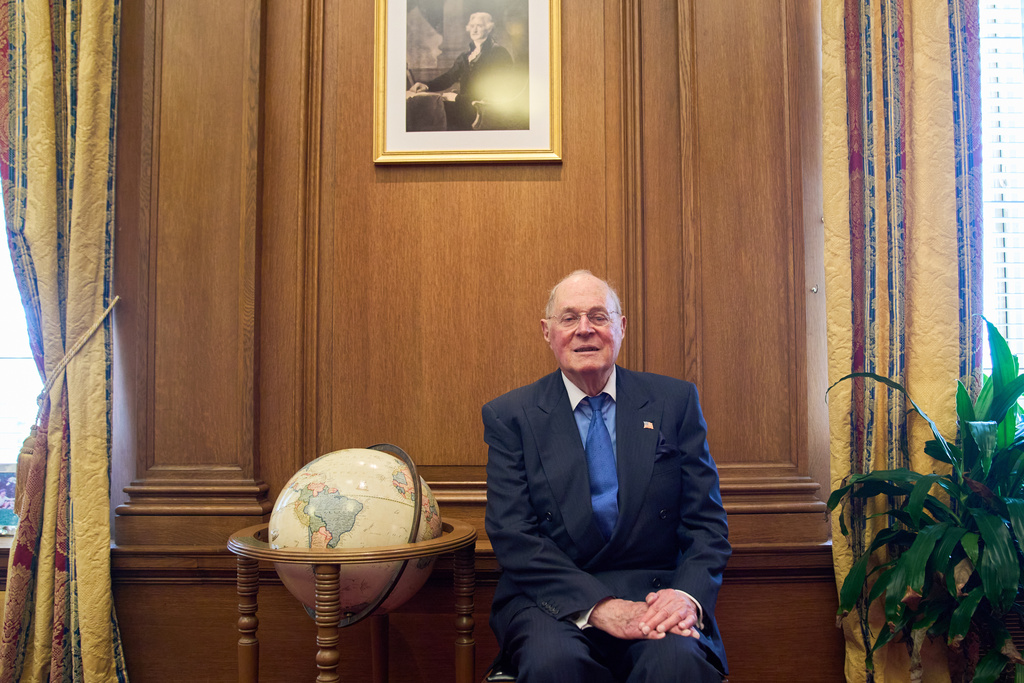 Retired Supreme Court Justice Anthony Kennedy, 88, poses for a portrait, Wednesday, Oct. 8, 2025, in his office at the Supreme Court in Washington. (AP Photo/Jacquelyn Martin)