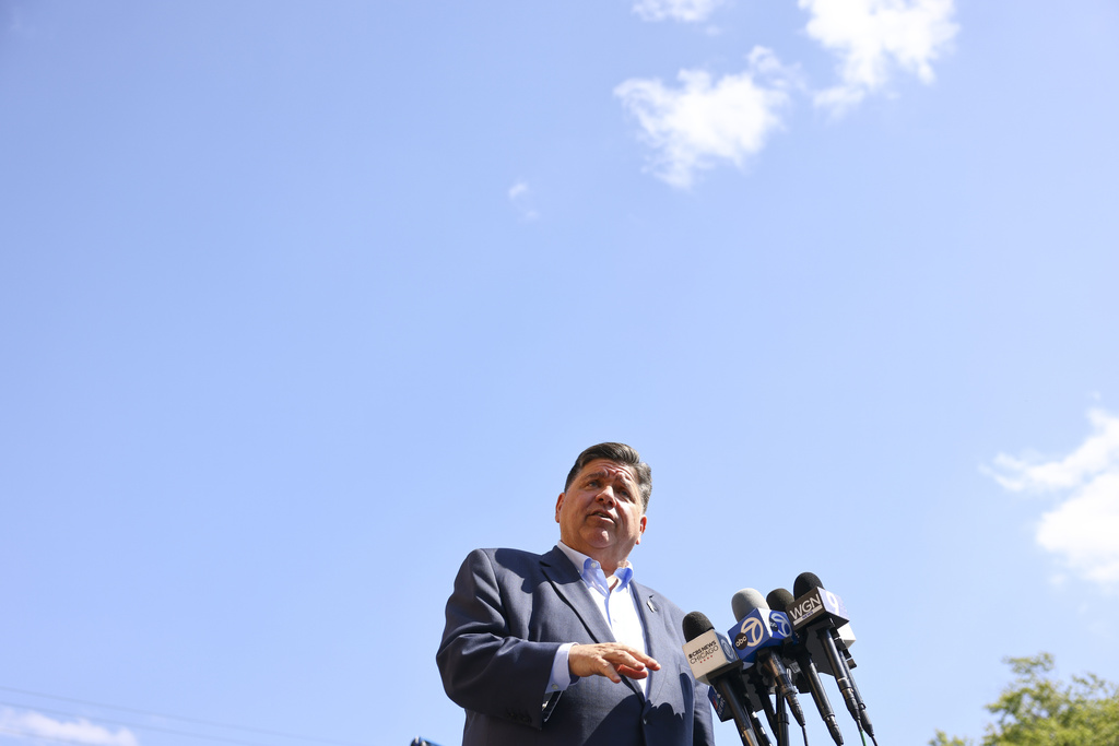 Gov. JB Pritzker speaks with reporters after visiting Prairie Oak Elementary School in Berwyn, Ill., Thursday, Sept. 4, 2025. (Anthony Vazquez/Chicago Sun-Times via AP, Pool)