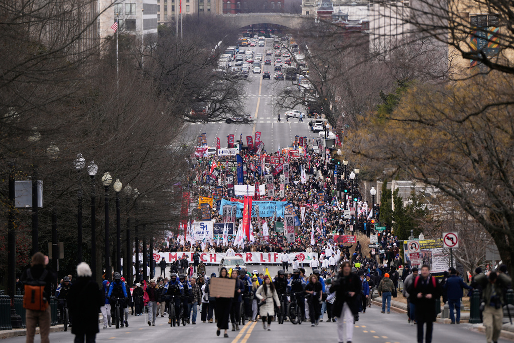 Anti-abortion demonstrators walk to the Supreme Court during the annual March for Life, Friday, Jan. 23, 2026, in Washington. (AP Photo/Julia Demaree Nikhinson)