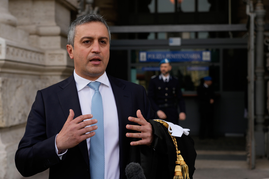 FILE - Lawyer Marco Mellone speaks during an interview outside Italy's highest Court of Cassation, in Rome, April 14, 2026, prior to the start of a hearing to argue against the new citizenship law that restricts citizenship by descent. (AP Photo/Gregorio Borgia, File)