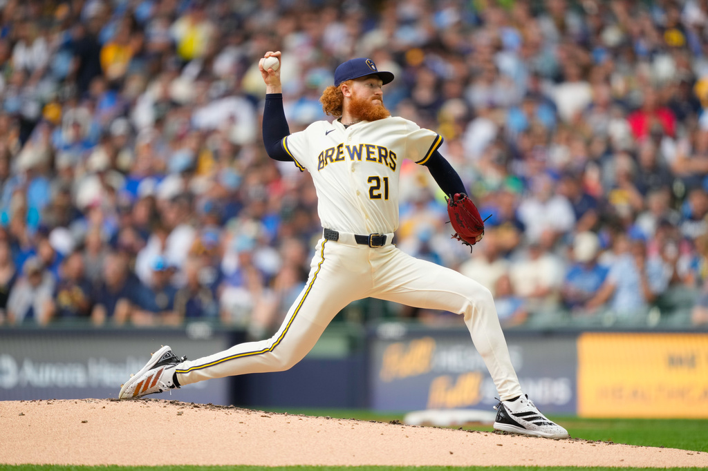 Milwaukee Brewers pitcher Dustin May throws during the third inning of a baseball game against the Pittsburgh Pirates Thursday, Aug. 6, 2026, in Milwaukee. (AP Photo/Kayla Wolf)