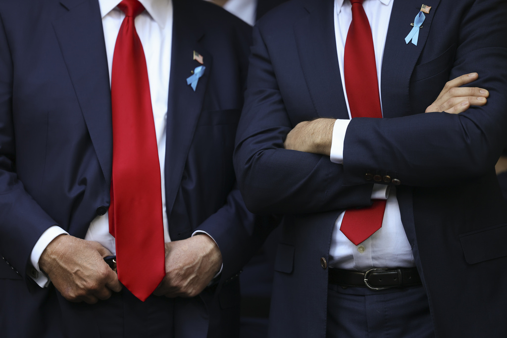 FILE - Republican presidential nominee former President Donald Trump, left, and Republican vice presidential nominee Sen. JD Vance, R-Ohio, attend the 9/11 Memorial ceremony on the 23rd anniversary of the Sept. 11, 2001 attacks, Sept. 11, 2024, in New York. (AP Photo/Yuki Iwamura, File)