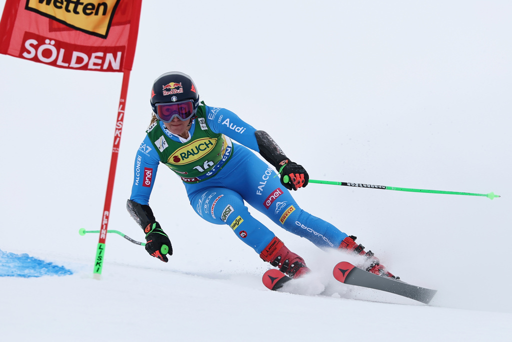 Italy's Sofia Goggia competes in an alpine ski, women's World Cup giant slalom, in Soelden, Austria, Saturday, Oct. 25, 2025. (AP Photo/Marco Trovati)