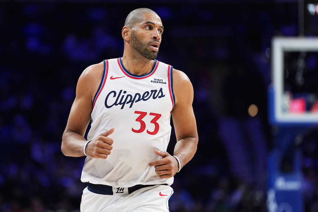 FILE - Los Angeles Clippers' Nicolas Batum looks on during an NBA basketball game, Nov. 17, 2025, in Philadelphia. (AP Photo/Matt Rourke, File)