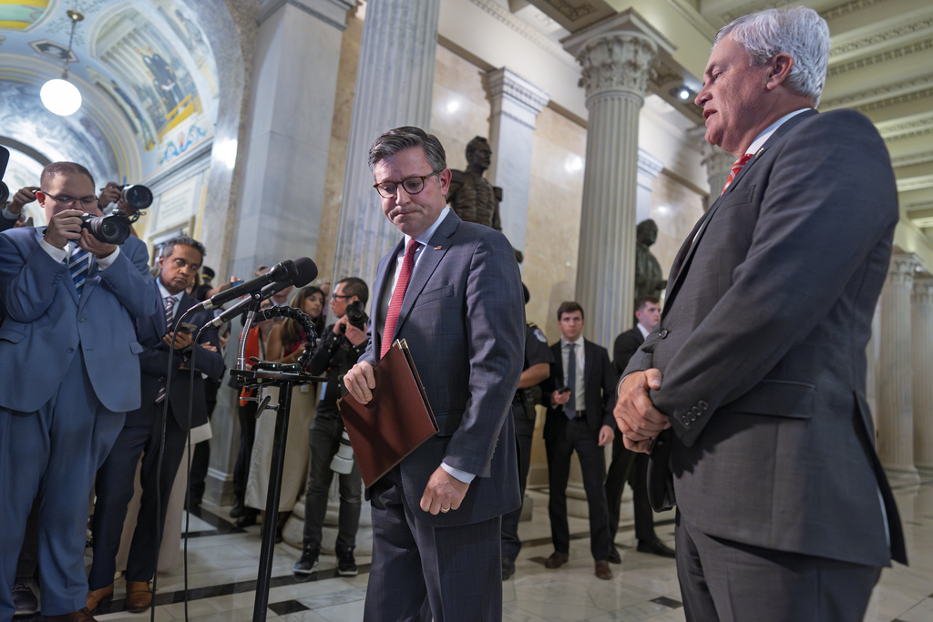 Speaker of the House Mike Johnson, R-La., and House Oversight Committee Chairman James Comer, R-Ky., right, talk to reporters after a closed-door meeting with victims in the Jeffrey Epstein sex trafficking case investigation, at the Capitol in Washington, Tuesday, Sept. 2, 2025. (AP Photo/J. Scott Applewhite)