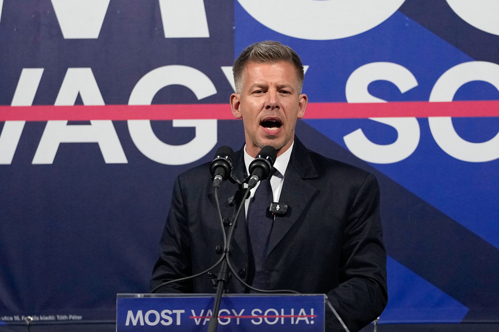 Peter Magyar, the leader of the opposition Tisza party attends a rally in Debrecen, Hungary, Saturday, April 11, 2026. (AP Photo/Darko Bandic)
