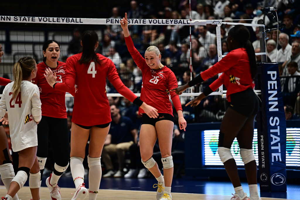 Maryland setter Lilly Wagner (26) reacts during an NCAA college volleyball game against Penn State, Sunday, Nov. 23, 2025, in State College, Pa. (AP Photo/Caleb Craig)
