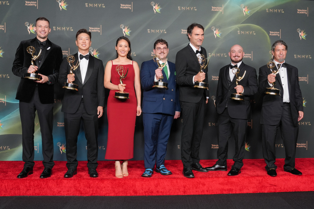 The team from "Widow's Bay" poses in the press room with the award for outstanding sound mixing for a comedy or drama series (half-hour) and animation during night two of the Creative Arts Emmy Awards on Sunday, Sept. 6, 2026, in Los Angeles. (AP Photo/Chris Pizzello)