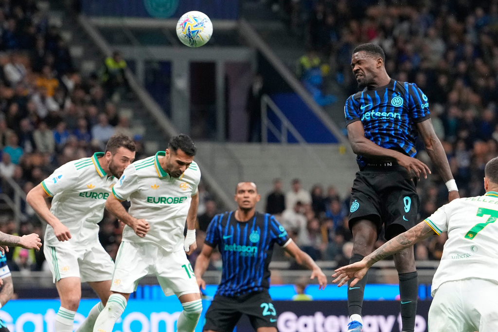 Inter Milan's Marcus Thuram scores during the Serie A soccer match between Inter Milan and Roma in Milan, Italy, Sunday, April 5, 2026. (AP Photo/Luca Bruno)