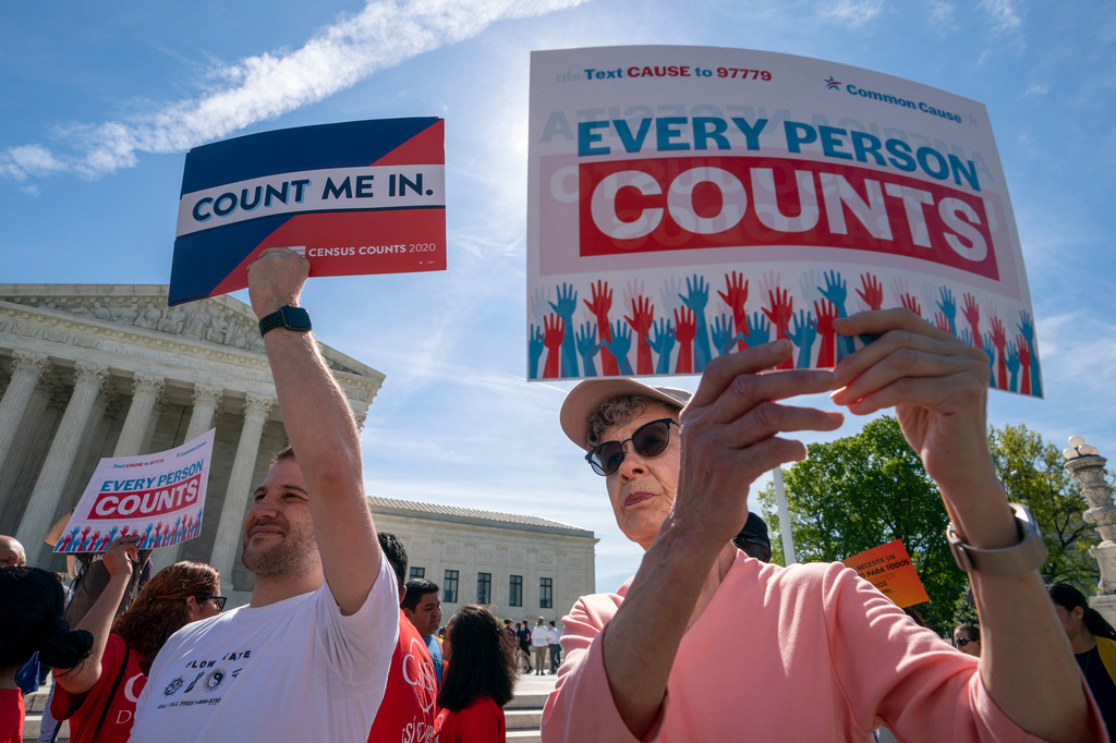 FILE - Immigration activists rally outside the Supreme Court as the justices hear arguments over the Trump administration's plan to ask about citizenship on the 2020 Census, in Washington, April 23, 2019. (AP Photo/J. Scott Applewhite, File)
