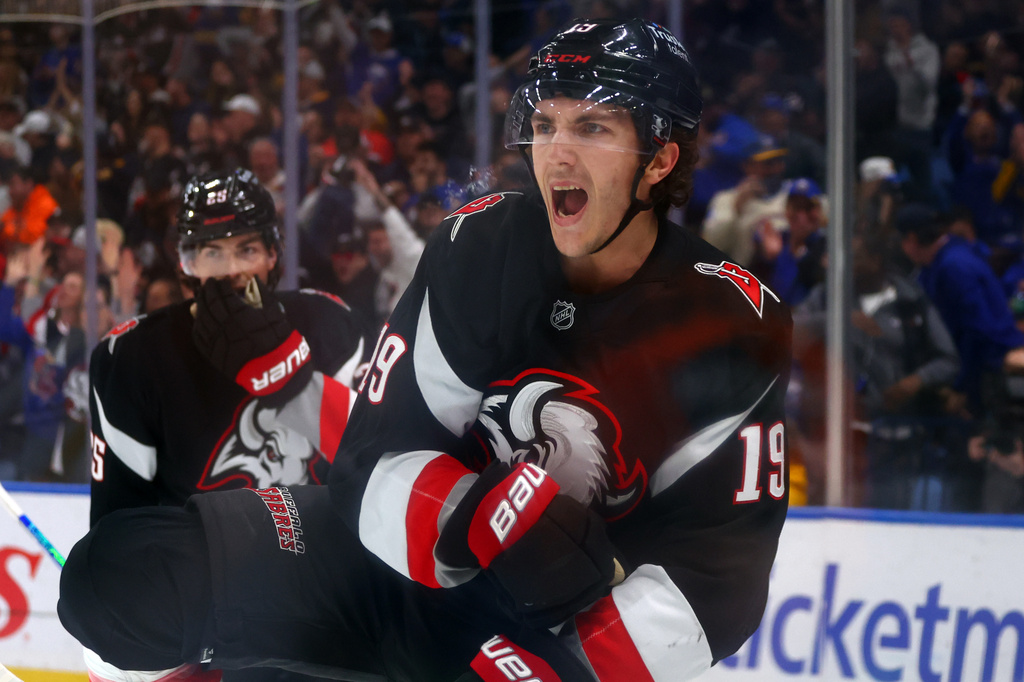 Buffalo Sabres center Peyton Krebs (19) celebrates his goal during the first period of an NHL hockey game against the Columbus Blue Jackets Thursday, April 9, 2026, in Buffalo, N.Y. (AP Photo/Jeffrey T. Barnes)