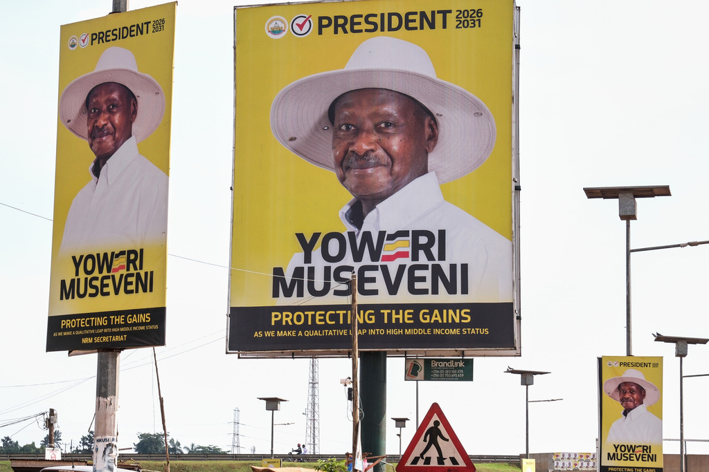 Billboards of Uganda President and National Resistance Movement (NRM) presidential candidate Yoweri Museveni are seen in Kampala, Uganda, Tuesday, Jan. 13, 2026. (AP Photo/Hajarah Nalwadda)