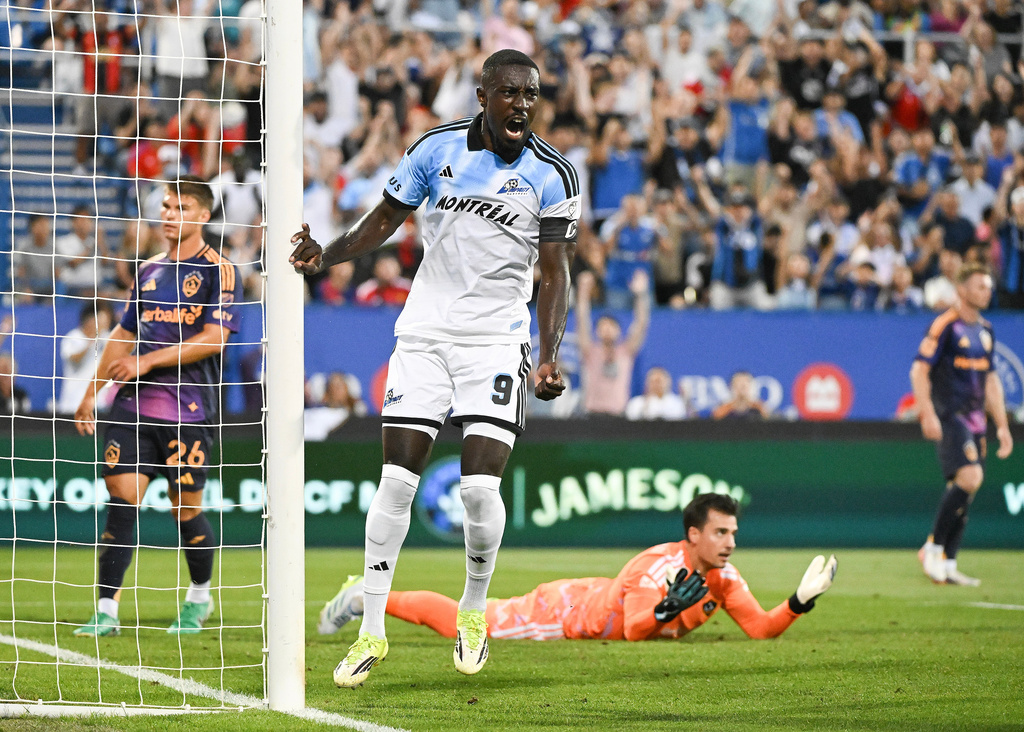 CF Montreal's Prince Owusu (9) reacts to a goal by teammate Daniel Rios (not shown) during the first half MLS soccer game in Montreal, Saturday, Aug. 22, 2026. (Graham Hughes/The Canadian Press via AP)