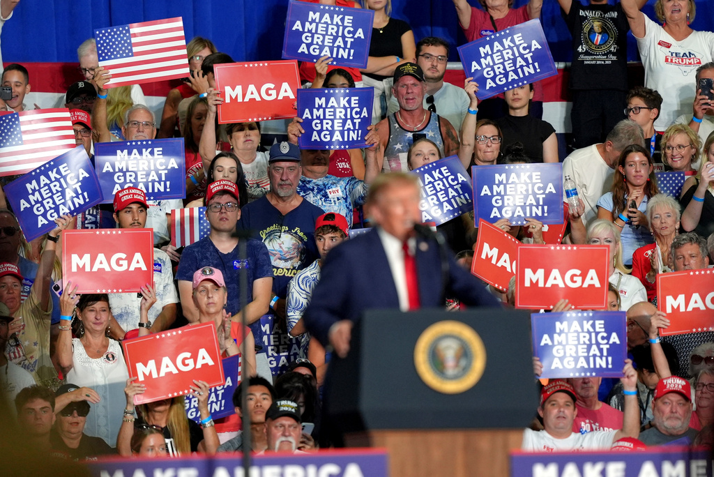 President Donald Trump speaks at a campaign rally for Sen. Darline Graham, R-S.C., at the Myrtle Beach Convention Center in Myrtle Beach, S.C., Friday, Aug. 21, 2026. (AP Photo/Jacquelyn Martin)