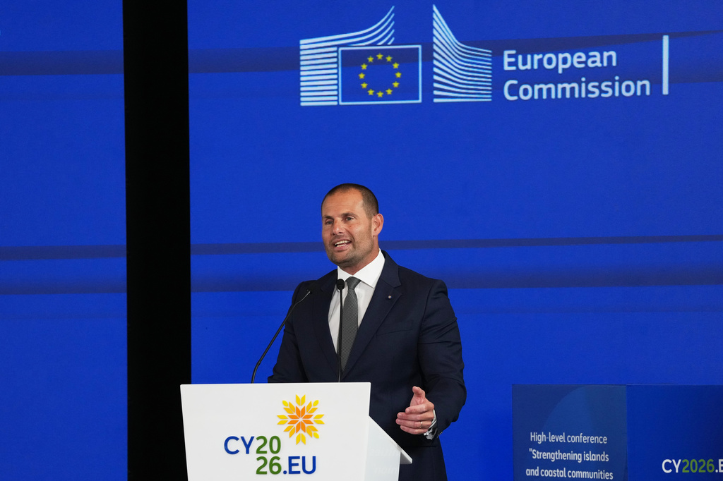 Malta's Prime Minister Robert Abela speaks during the high-level conference "Strengthening Islands and Coastal Communities of the European Union" in the southwestern coastal city of Paphos on the eastern Mediterranean island of Cyprus, Friday, June 26, 2026. (AP Photo/Petros Karadjias)