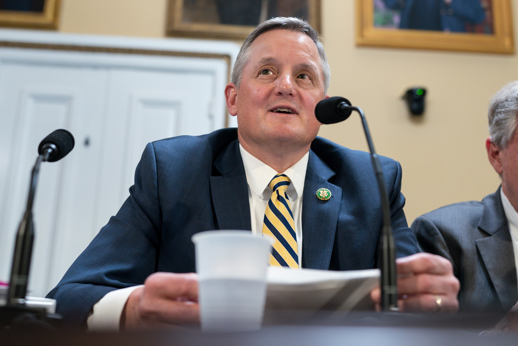 FILE - Rep. Bruce Westerman, R-Ark., center, chairman of the House Committee on Natural Resources, delivers remarks as the House Rules Committee prepares the GOP signature energy package, the "Lower Energy Costs Act," for action on the floor, at the Capitol in Washington, March 27, 2023. (AP Photo/J. Scott Applewhite, File)