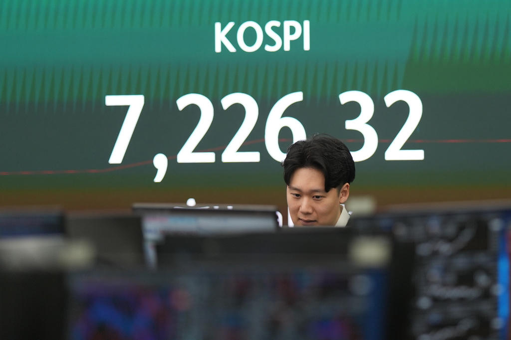 A dealer walks past near the screen showing the Korea Composite Stock Price Index (KOSPI) at a dealing room of Hana Bank in Seoul, South Korea, Wednesday, May 6, 2026. (AP Photo/Lee Jin-man)