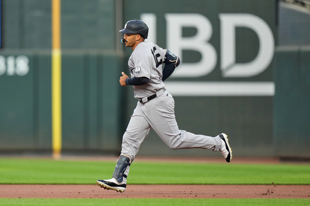 New York Yankees' Trent Grisham rounds the bases after hitting a home run during the third inning of a baseball game against the Baltimore Orioles, Tuesday, Aug. 18, 2026, in Baltimore. (AP Photo/Stephanie Scarbrough)