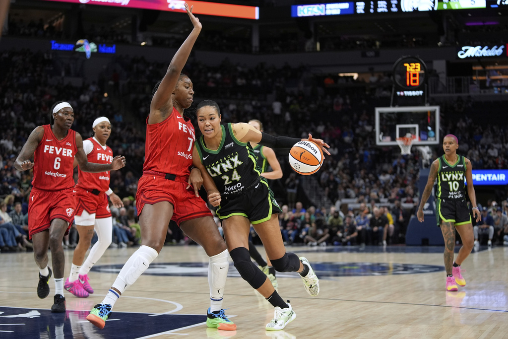 Minnesota Lynx forward Napheesa Collier (24) works toward the basket as Indiana Fever forward Aliyah Boston (7) defends during the first half of a WNBA basketball game Sunday, Aug. 24, 2025, in Minneapolis. (AP Photo/Abbie Parr)