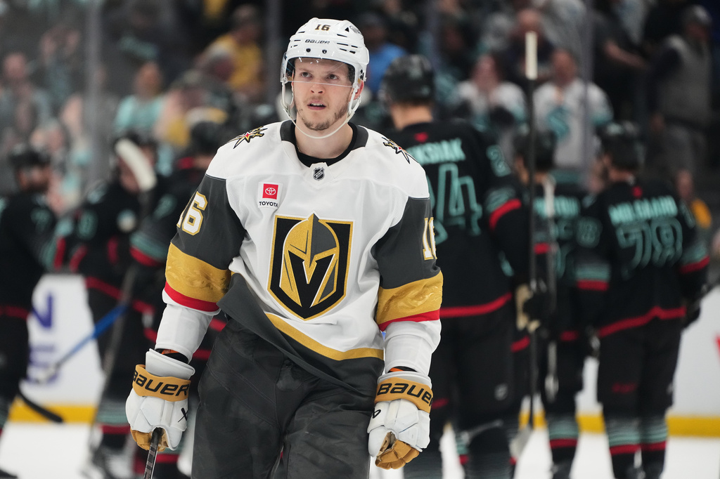 FILE - Vegas Golden Knights right wing Pavel Dorofeyev reacts after having his shot blocked by Seattle Kraken goaltender Joey Daccord for a Kraken victory in a shootout in an NHL hockey game, April 9, 2026, in Seattle. (AP Photo/Lindsey Wasson, File)