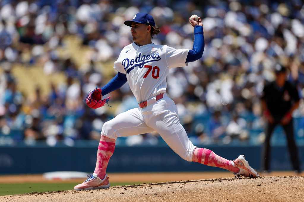 Los Angeles Dodgers starting pitcher Justin Wrobleski delivers to the plate during the third inning of a baseball game against the Atlanta Braves, Sunday, May 10, 2026, in Los Angeles. (AP Photo/Caroline Brehman)