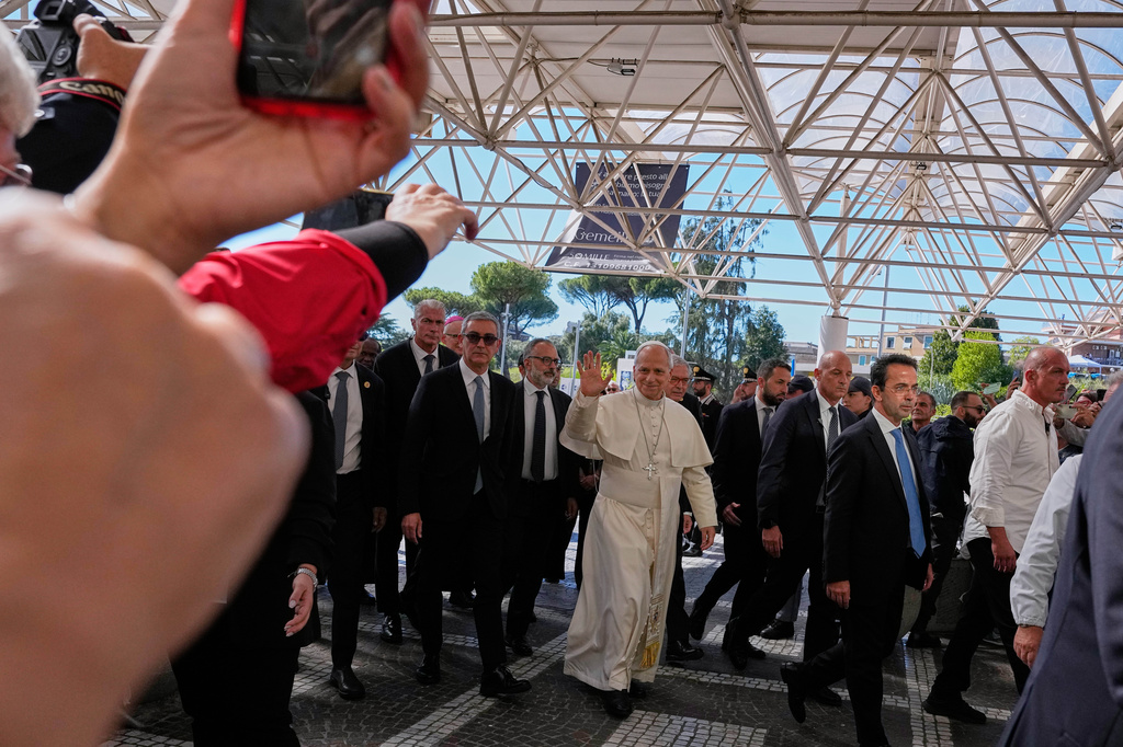 Pope Leo XIV arrives at the Agostino Gemelli Polyclinic in Rome on Tuesday, Oct. 13, 2026, where doctors expect to remove a lung nodule. (AP Photo/Alessandra Tarantino)