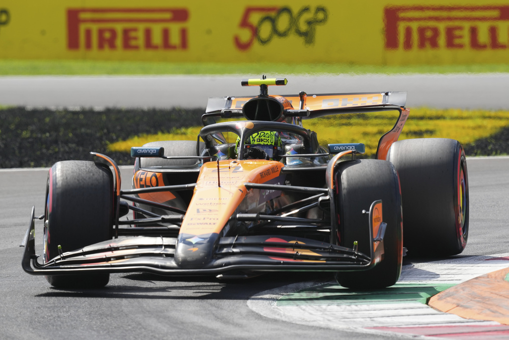 McLaren driver Lando Norris of Britain steers his car during the first free practice ahead of the Italian Grand Prix at the Monza racetrack in Monza, Italy, Friday, Sept. 5, 2025. (AP Photo/Antonio Calanni)