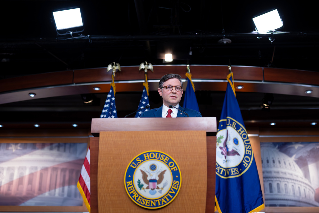 Speaker of the House Mike Johnson, R-La., makes a statement to reporters following a vote in the Senate to move forward with a stopgap funding bill to reopen the government through Jan. 30, at the Capitol in Washington, Monday, Nov. 10, 2025. (AP Photo/J. Scott Applewhite)