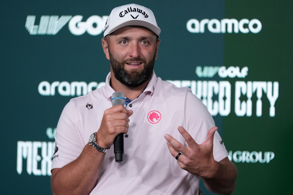 Captain Jon Rahm of Legion XIII speaks after the first round of the LIV Golf tournament in Naucalpan on the outskirts of Mexico City, Thursday, April 16, 2026. (AP Photo/Fernando Llano)