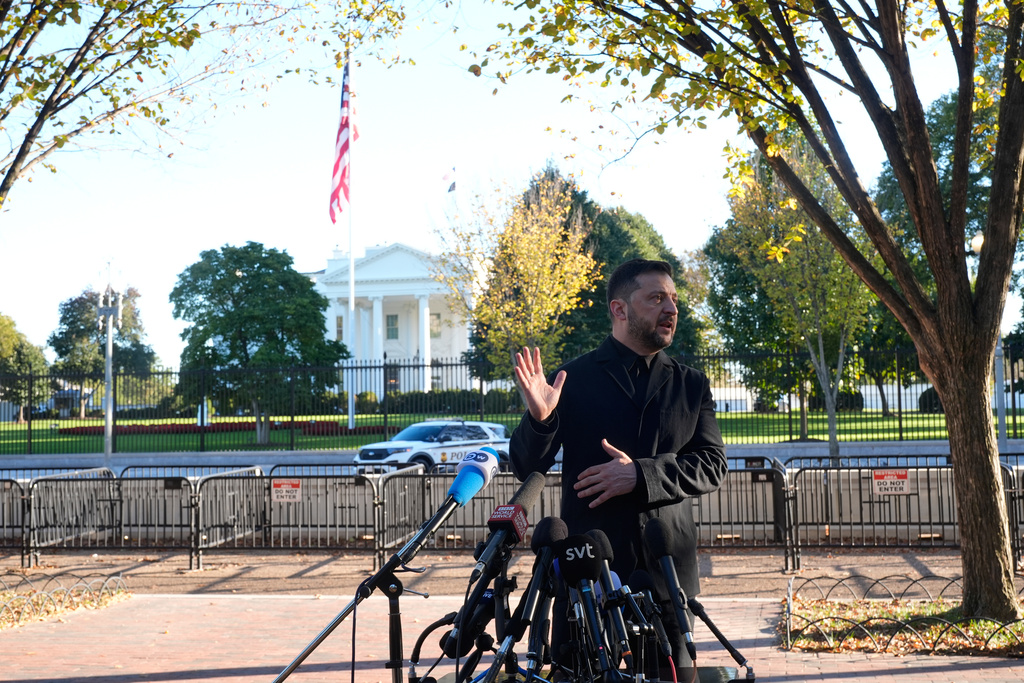 Ukraine's President Volodymyr Zelenskyy speaks to reporters in Lafayette Park across the street from the White House, following a meeting with President Donald Trump, Friday, Oct. 17, 2025, in Washington. (AP Photo/Manuel Balce Ceneta)