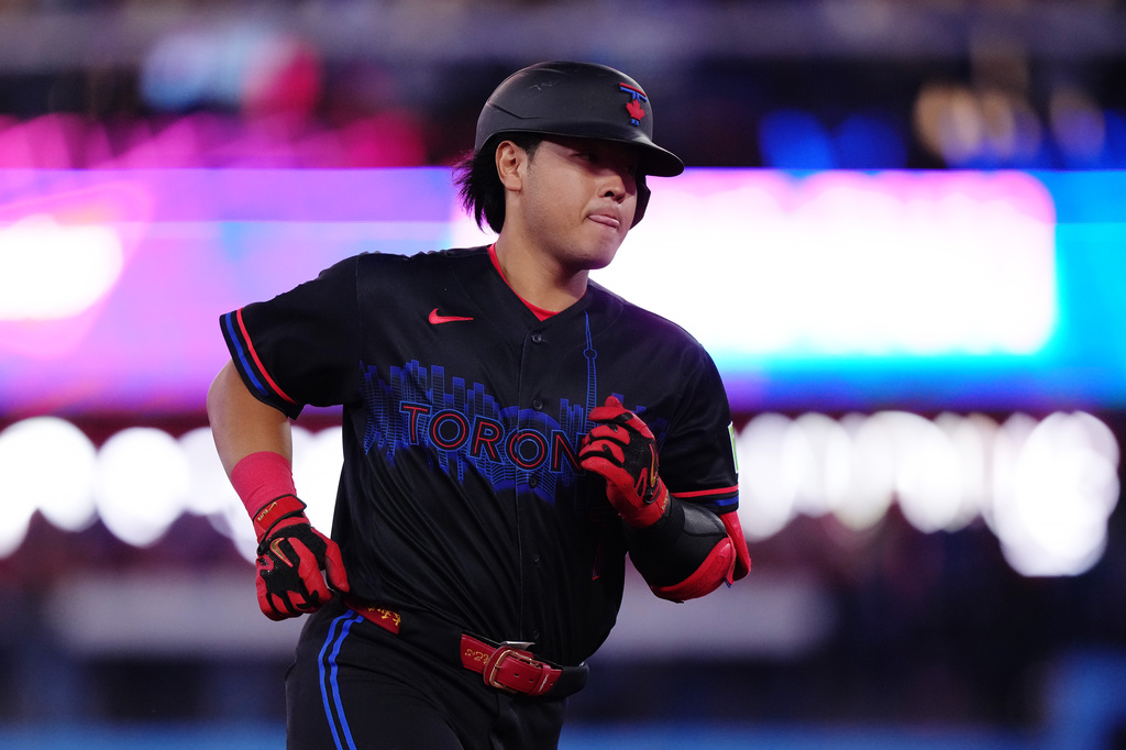 Toronto Blue Jays' Kazuma Okamoto rounds the bases after hitting a solo home run against the Baltimore Orioles during the fourth inning of a baseball game in Toronto, Friday, Sept. 11, 2026. (Nathan Denette/The Canadian Press via AP)