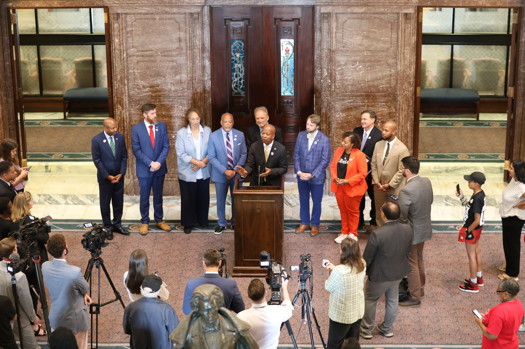 Democratic South Carolina senators speak at a news conference after a redistricting bill was killed on Tuesday, May 26, 2026, in Columbia, S.C. (AP Photo/Jeffrey Collins)