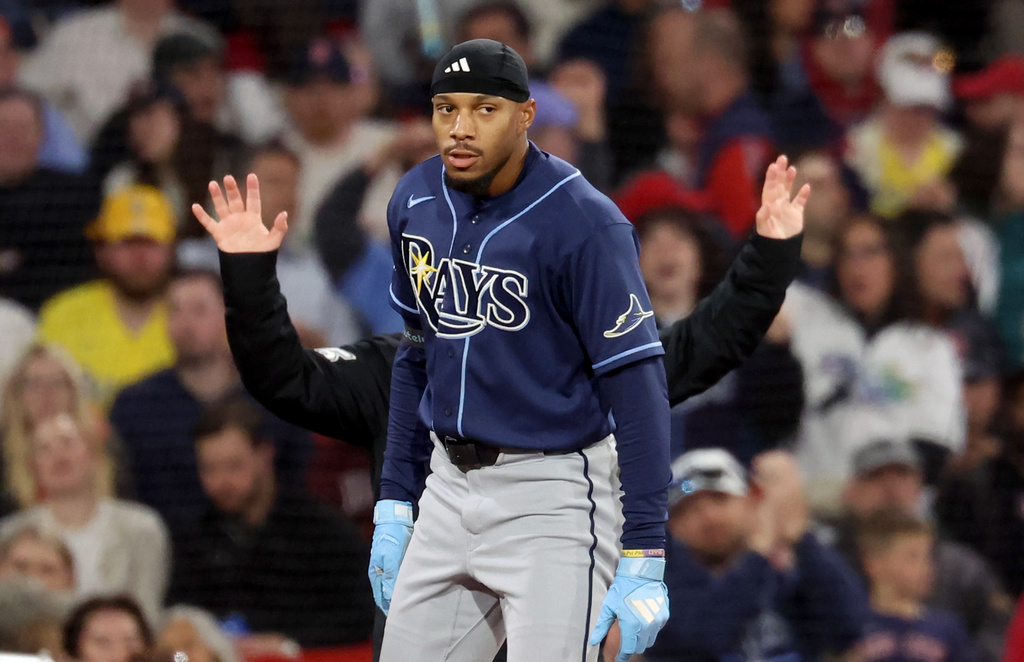 Tampa Bay Rays' Chandler Simpson reacts after hitting a triple allowing teammate Ben Williamson to score during the eighth inning of a baseball game against the Boston Red Sox, Thursday, May 7, 2026, in Boston. (AP Photo/Mark Stockwell)