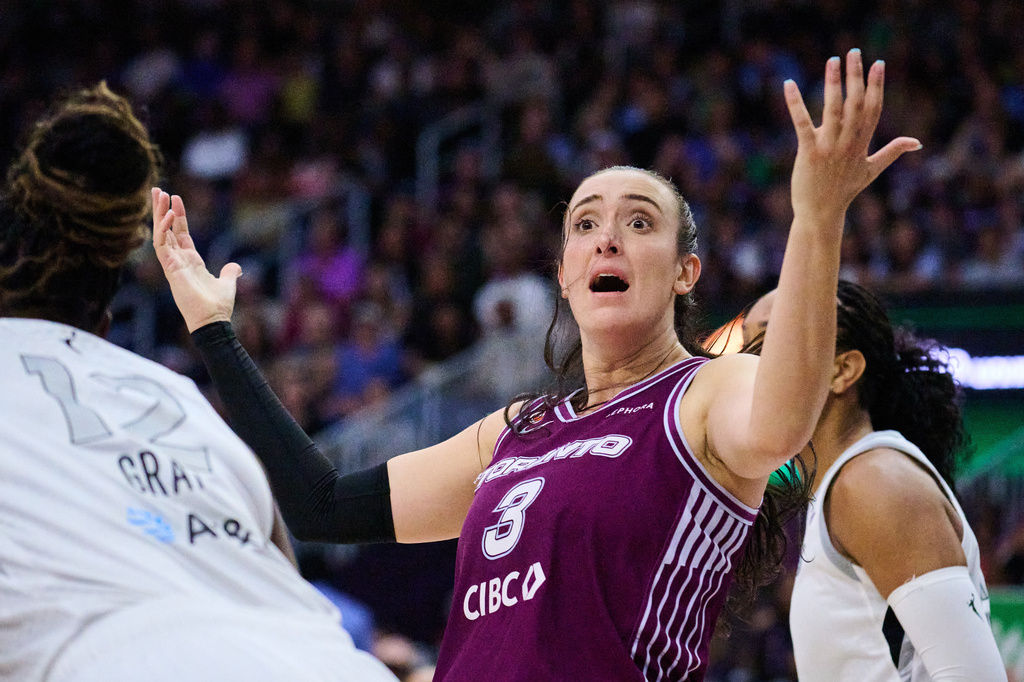 Toronto Tempo's Marina Mabrey (3) reacts to a call during the first half of a WNBA basketball game against the Las Vegas Aces in Toronto, on Monday, July 20, 2026. (Sammy Kogan/The Canadian Press via AP)