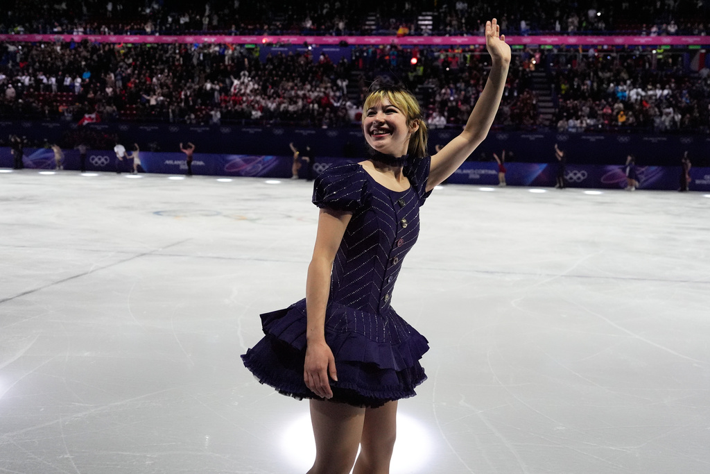 Alysa Liu of the United States reacts after performing in the figure skating exhibition at the 2026 Winter Olympics, in Milan, Italy, Saturday, Feb. 21, 2026. (AP Photo/Ashley Landis)