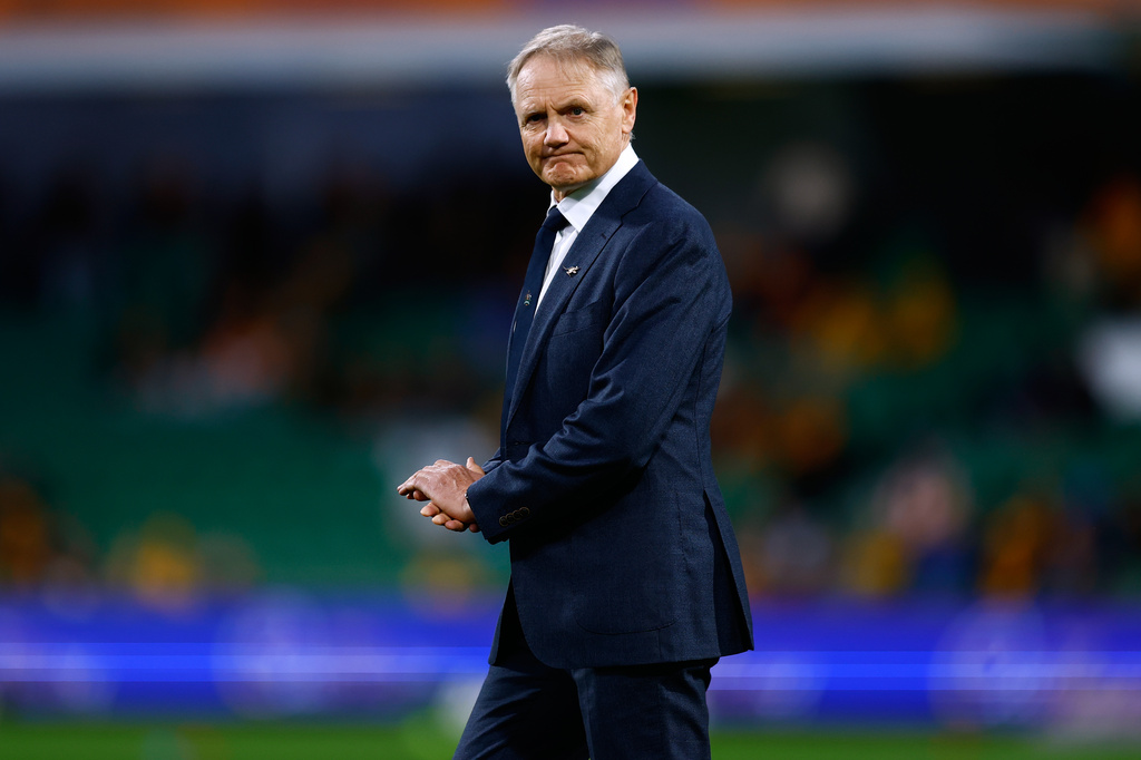Australia's coach Joe Schmidt watches his team warm up before their Nations Championship rugby international test match against Italy in Perth, Australia, Saturday, July 18, 2026. (AP Photo/Gary Day)