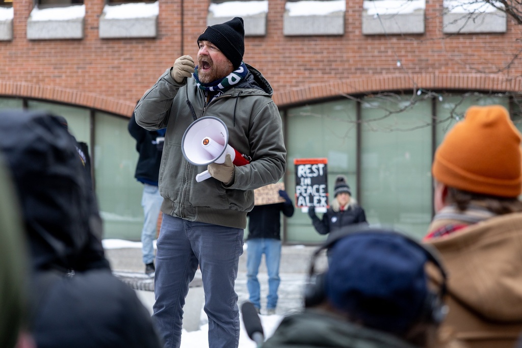 Graham Platner speaks at an anti-ICE rally outside of Sen. Susan Collins' Portland office on Thursday, Jan. 29, 2026. (Brianna Soukup /Portland Press Herald via AP)