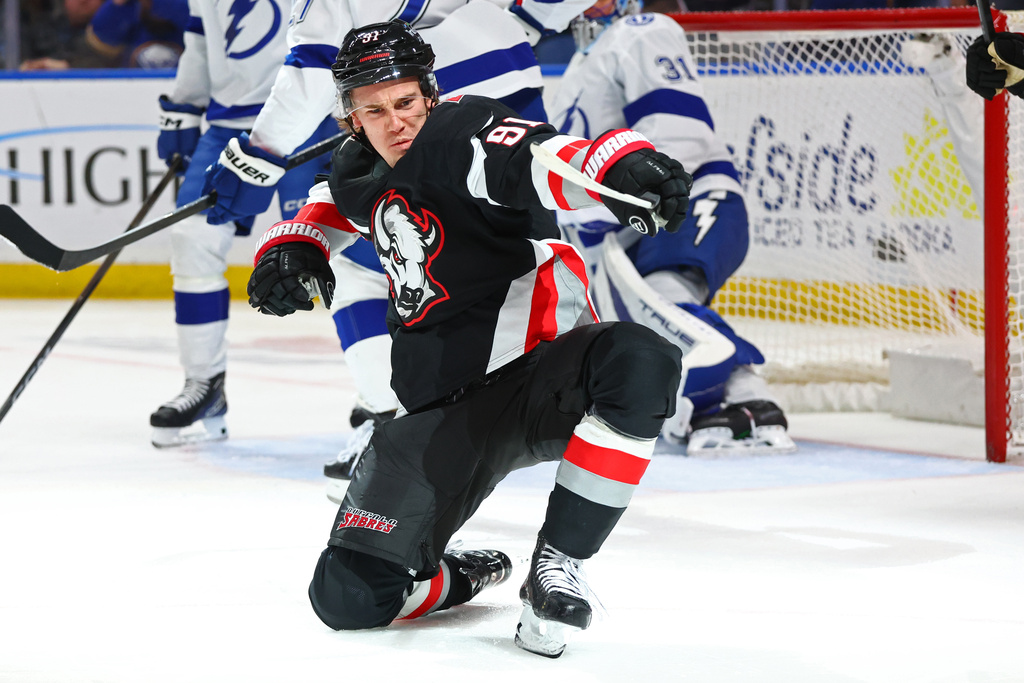 Buffalo Sabres right wing Josh Doan (91) celebrates his goal during the first period of an NHL hockey game against the Tampa Bay Lightning, Sunday, March 8, 2026, in Buffalo, N.Y. (AP Photo/Jeffrey T. Barnes)
