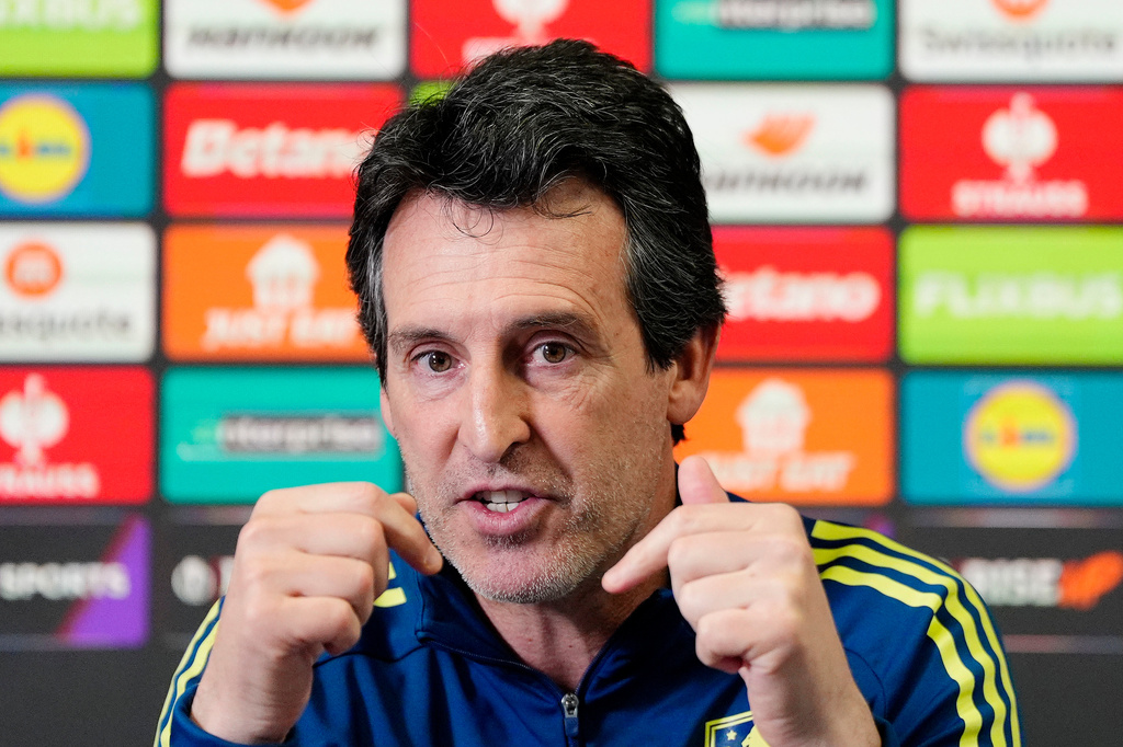 Aston Villa's manager Unai Emery speaks during a press conference in Birmingham, England, Wednesday, April 29, 2026, ahead of the Europa League semi-final first leg soccer match against Nottingham Forest. (Nick Potts/PA via AP)
