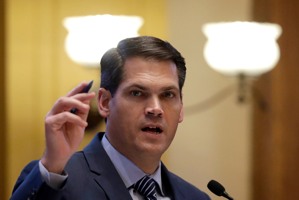 FILE - Lt. Gov. Geoff Duncan speaks from his desk on the floor of the Georgia State Senate, Feb. 4, 2020, in Atlanta. (AP Photo/John Bazemore)