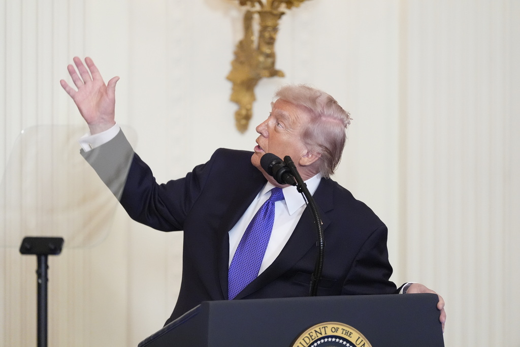 President Donald Trump speaks about the new ballroom construction before a Medal of Honor ceremony in the East Room of the White House, Monday, March 2, 2026, in Washington. (AP Photo/Alex Brandon)