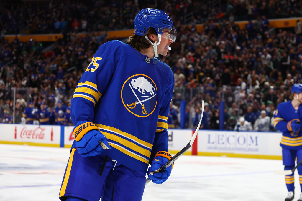 Buffalo Sabres defenseman Owen Power (25) celebrates after his goal during the first period of an NHL hockey game against the Toronto Maple Leafs, Saturday, March 14, 2026, in Buffalo, N.Y. (AP Photo/Jeffrey T. Barnes)