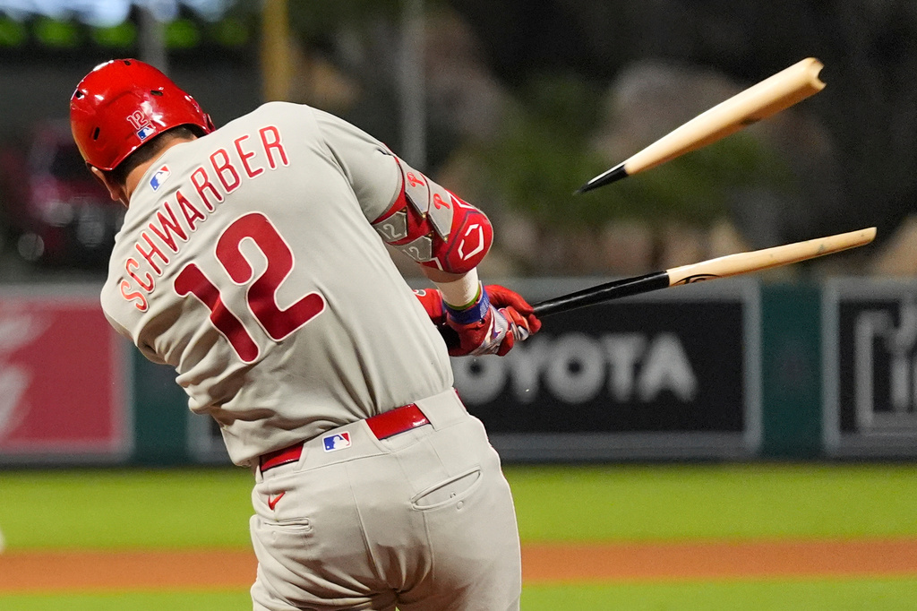 Philadelphia Phillies' Kyle Schwarber breaks his bat on a foul ball during the seventh inning of a baseball game against the Los Angeles Angels, Saturday, Aug. 29, 2026, in Anaheim, Calif. (AP Photo/Mark J. Terrill)