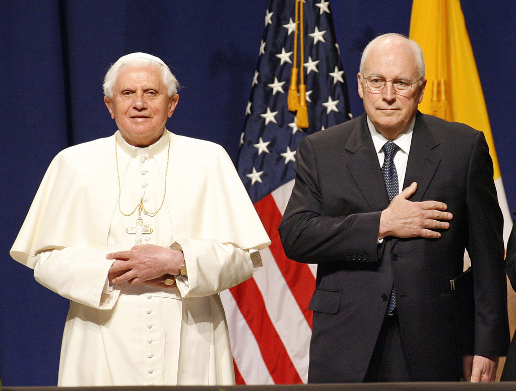 FILE - Pope Benedict XVI and Vice President Dick Cheney stand for the United States national anthem during a farewell ceremony at New York's John F. Kennedy International Airport on Sunday, April, 20, 2008, signifying the conclusion of the pontiff's trip to the United States. (AP Photo/Stuart Ramson, file)