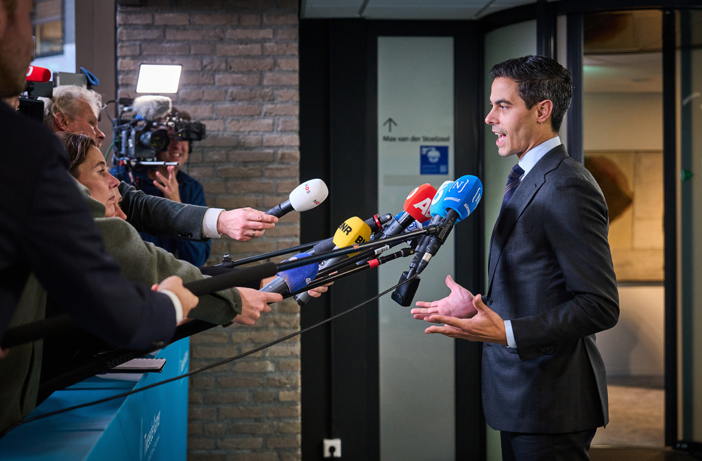 Rob Jetten, leader of the Democrats '66 (D66) speaks to media after the meeting with speaker of the House Martin Bosma, in The Hague, Netherlands, Tueday Nov. 4, 2025. (AP Photo/Phil Nijhuis)