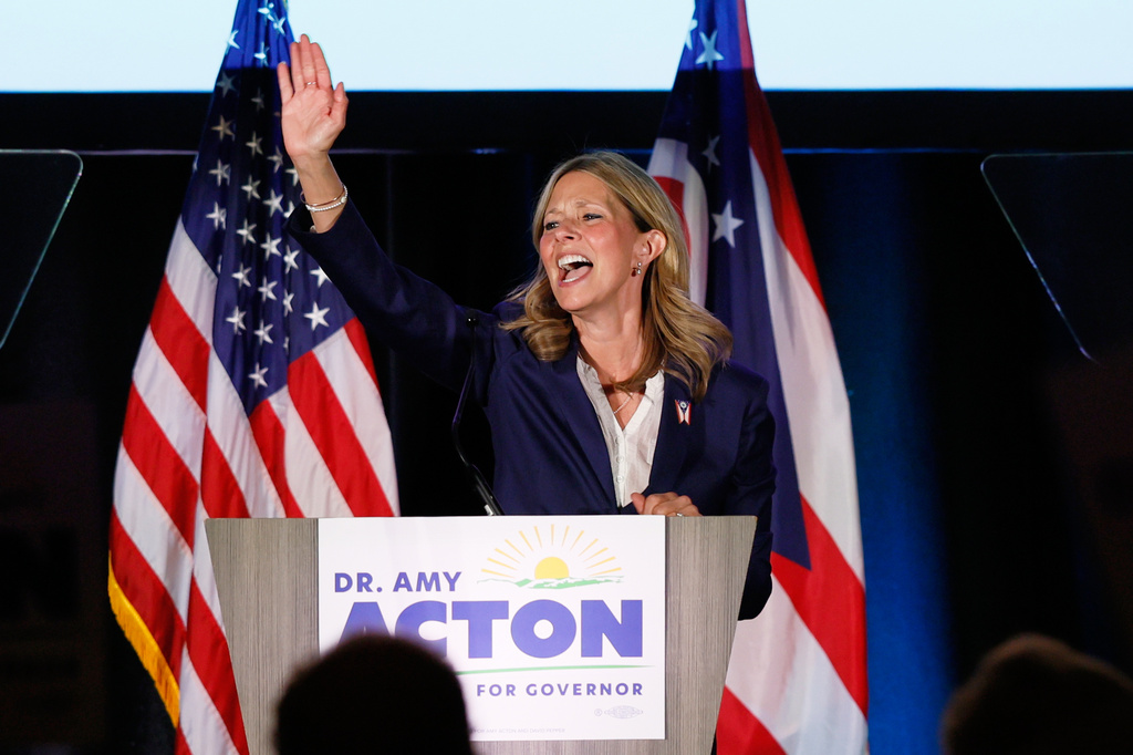 Democratic gubernatorial candidate Dr. Amy Acton speaks at a primary election night campaign event after winning the party's nomination for governor in Columbus, Ohio, Tuesday, May 5, 2026. (AP Photo/Jay LaPrete)