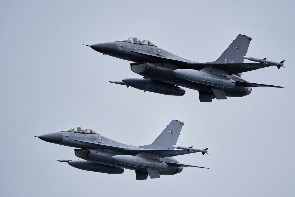 Danish air force fighter jets participate in an exercise with hundreds of troops from several European NATO members in the Arctic Ocean in Nuuk, Greenland, Monday, Sept. 15, 2025 (AP Photo/Ebrahim Noroozi)